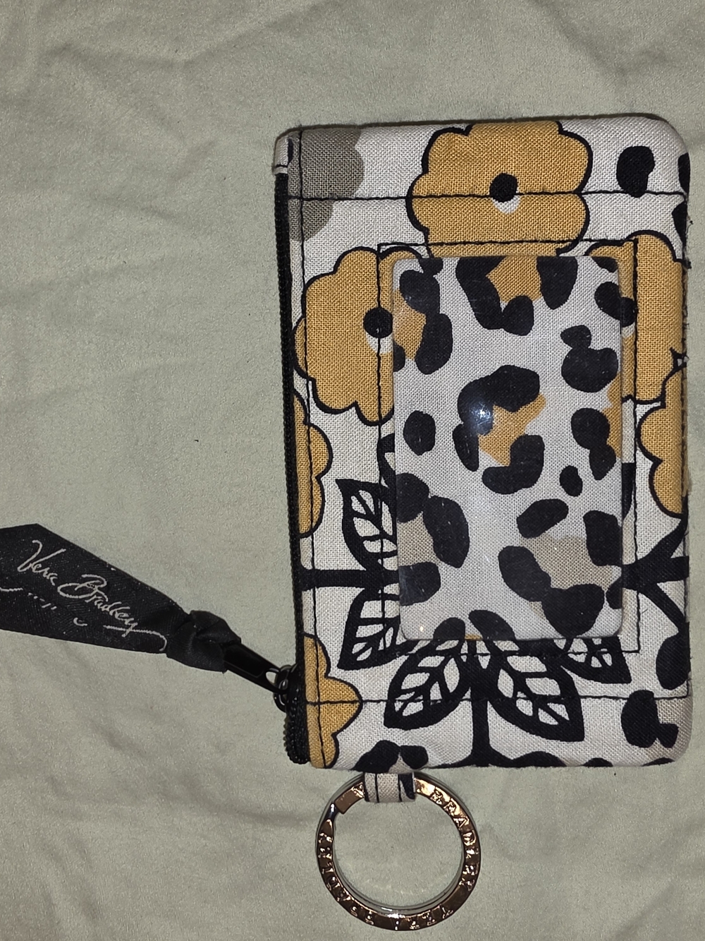 Vera Bradley Yellow Black White Floral Card Wallet with Key Ring